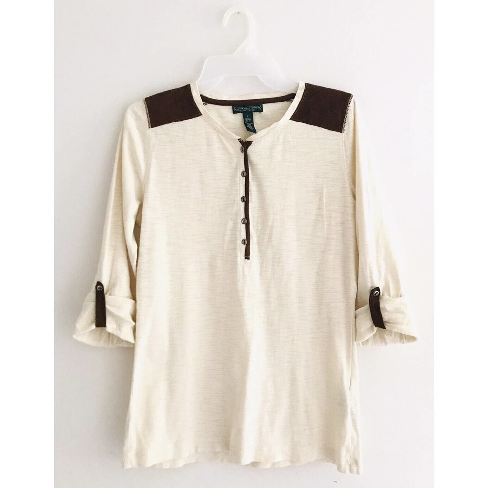Lauren Ralph Lauren | Faux Leather Trim Roll Tab Top Womens Size S Beige Henley